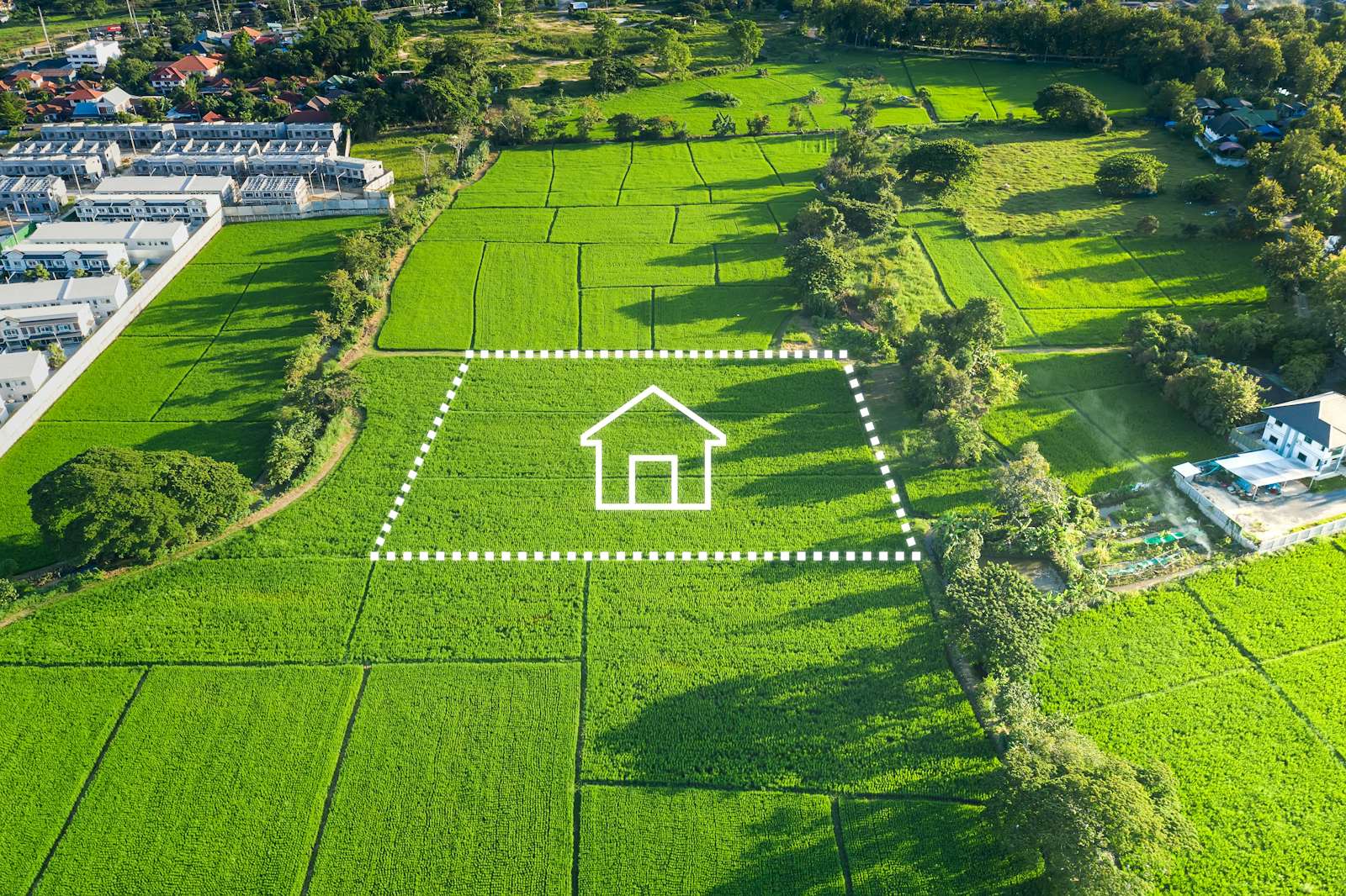 Land or landscape of green field in aerial view and home or house icon